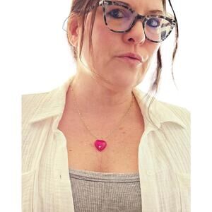 Hot Pink Chalcedony Heart Pendant Statement Necklace Gold Filled Paperclip Chain